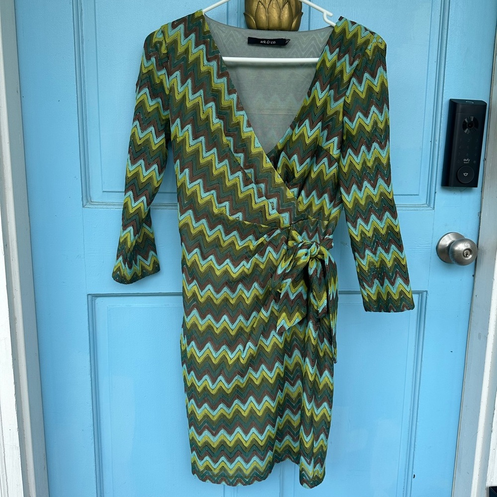Ark & Co Wrap Dress Green Chevron Faux Size Medium